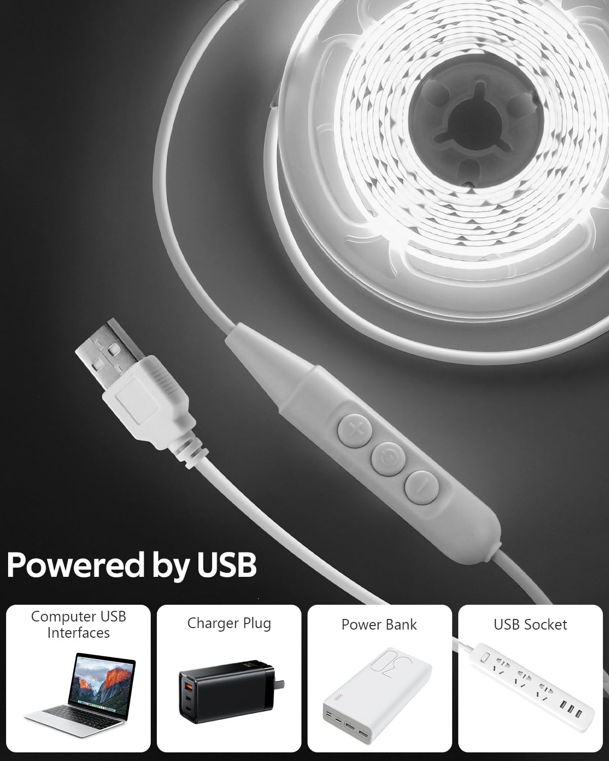 Aclorol 3M COB LED Strip Light Warm White 3000K 5V USB Flexible LED Light Strip 8mm Width Dimmable CRI85+ Dotless Tape Light High Density 320LEDs/M for Bedroom Kitchen Under Cabinet Home Decor