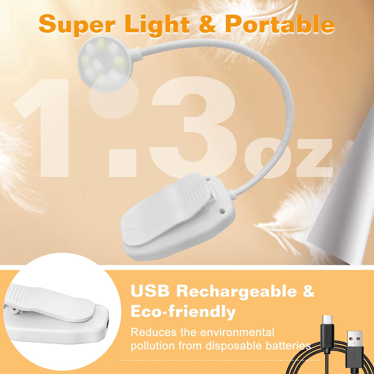 KTEBO Book Reading Light 2 Packs Rechargeable, Eye Care 10 LED Lamp for Reading in Bed - Adjustable Brightness, 3 Color Temperatures, 30+ Hours Runtime, Gifts for Book Lovers