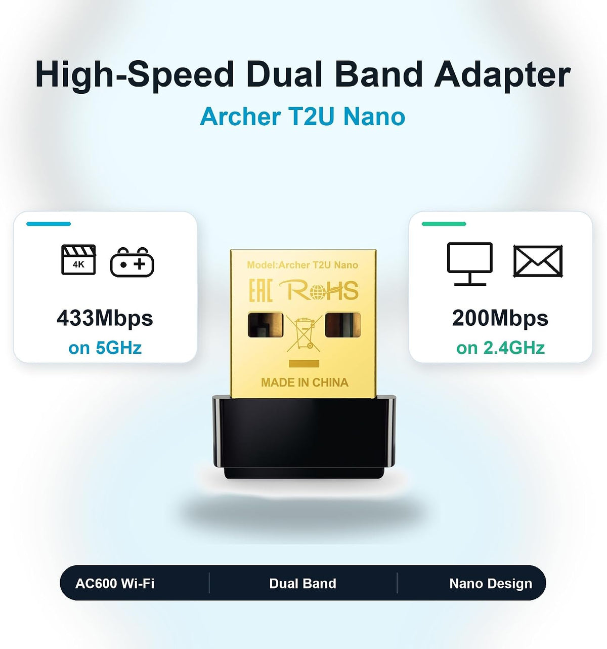 TP-Link Archer T2U Nano AC600 WiFi Dongle, Nano USB WiFi Adapter for PC