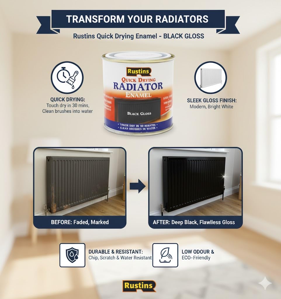 RUSTINS Quick Drying Radiator Enamel Satin - Black 500ml – Durable, Long-Lasting Finish for Radiators That Stands the Test of Time