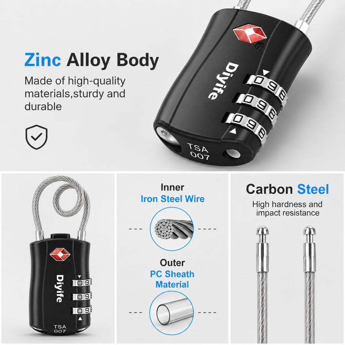 Diyife TSA Approved Luggage Locks with Flexible Steel Cable, Easy to Set up