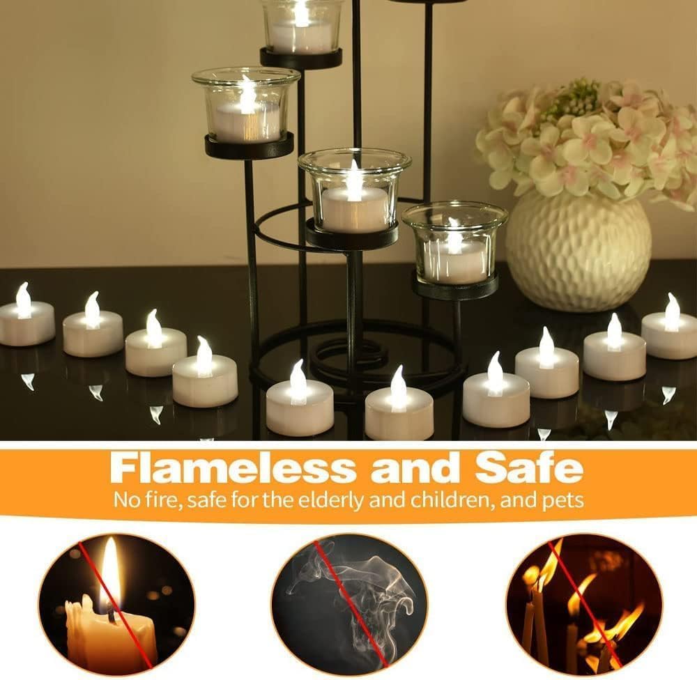 Jialine12 Pack Realistic and Bright Flickering Battery Operated Flameless LED Tea Lights Candles, 200+ tealights Electric Fake Candles for Halloween Weddings Festivals Decoration in Warm Yellow
