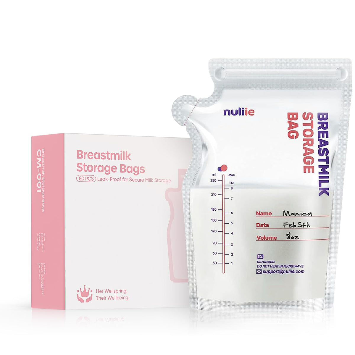 Nuliie 120 Pcs Breast Milk Storage Bags, 250ml BPA Free Milk Storage Bags with Pour Spout for Breastfeeding, Self-Standing or Flat Pre-sterilised Bag, Space Saving for Fridge or Freezer Use