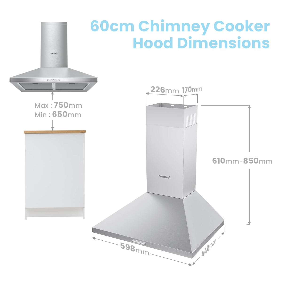 COMFEE' 90cm Chimney Cooker Hood, Class A++ Wall Mounted Kitchen Extractor