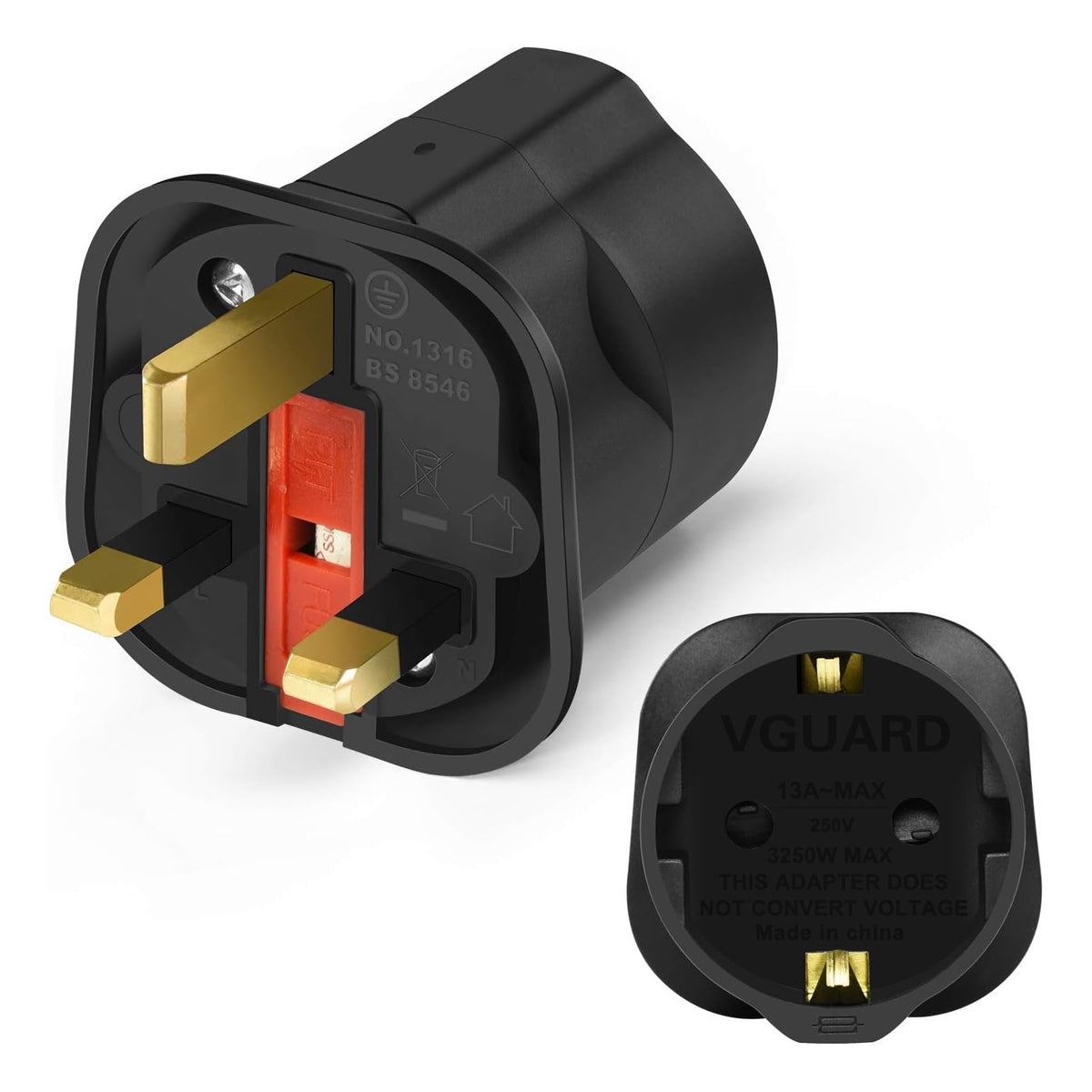 VGUARD European to UK Plug Adapter 2 Pack BS8546 Certified Travel Adapter 2-Pin to 3-Pin, EU Schuko to UK Plug with 13A Fuse for Europe French Spanish German Turkish to UK Socket - Black