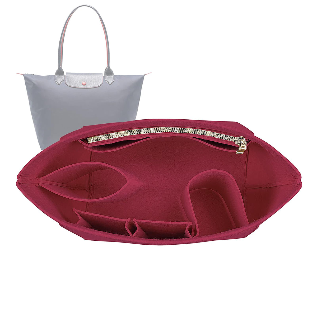 Lckaey tote bag organizer insert for Longchamp le pliage large tote insert felt purse zipper bag organizer 1028pink-S