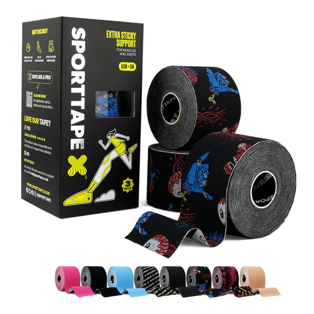 SPORTTAPE Kinesiology Tape, 5cm x 5m, Black - Waterproof, Hypoallergenic