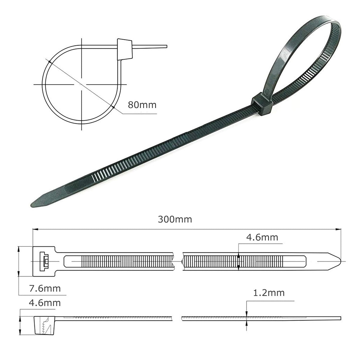BEEWAY Cable Ties Black - 120 Pack 3.6mm Zip Ties, Tie Wraps for Home, Office, Garden, Assorted in Sizes 100mm, 150mm, 200mm, 300mm (30pcs/Size)
