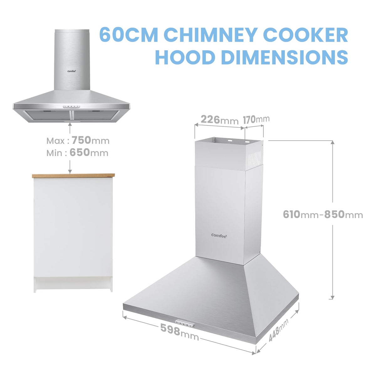 COMFEE' 90cm Chimney Cooker Hood, Class A++ Wall Mounted Kitchen Extractor
