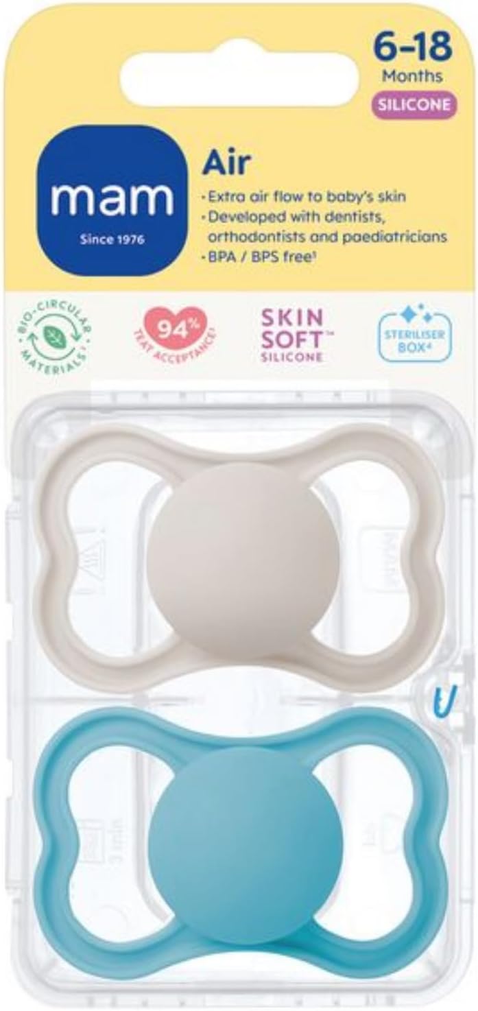 MAM Air Dummies, 6M+, 2 Pack, Orthodontic Design, Blue/Grey