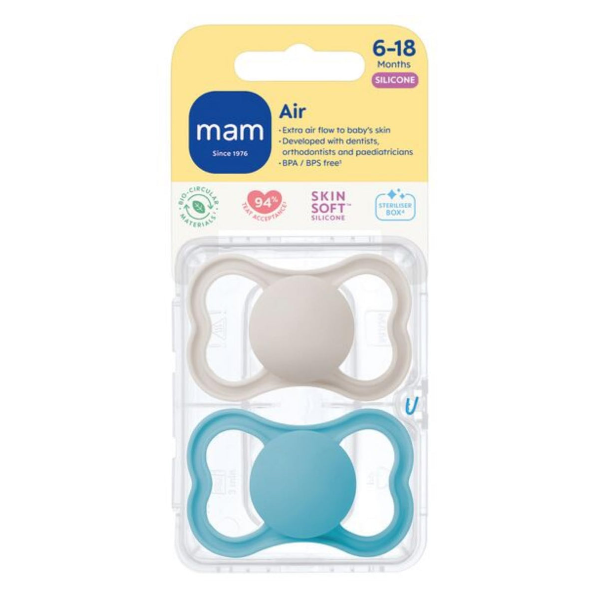 MAM Air Dummies, 6M+, 2 Pack, Orthodontic Design, Blue/Grey