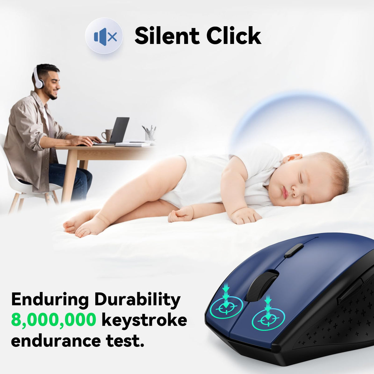TECKNET Wireless Mouse for Laptop, 4800 DPI Optical Computer Mice with 6 Adjustable Levels, 30 Months Long Battery Life 2.4G Cordless USB Silent Mouse for Notebook, PC, Office Home Work -Grey