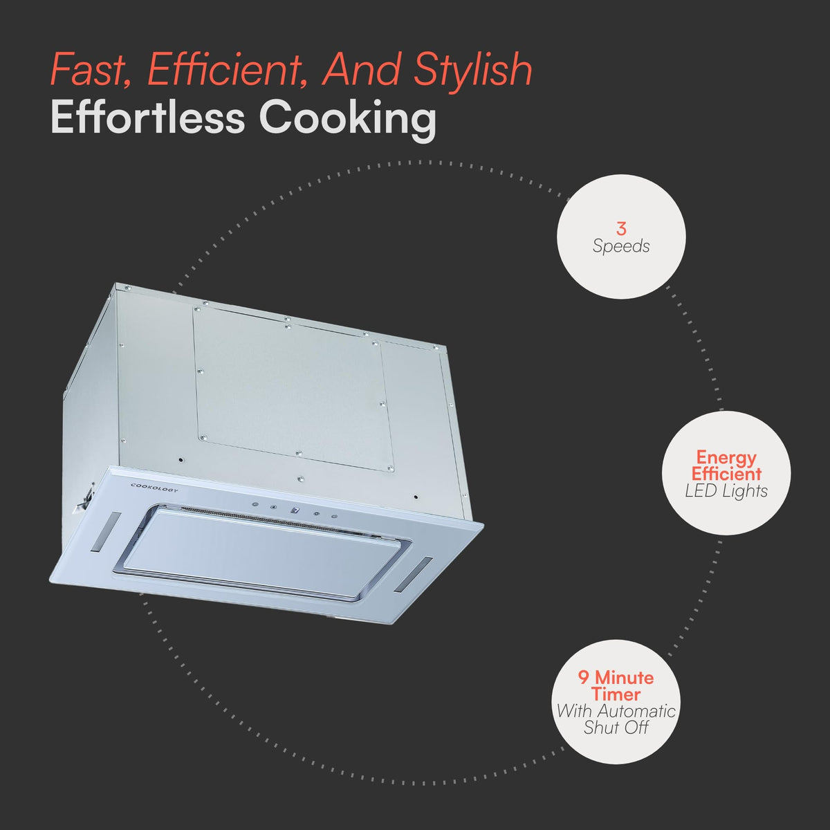 Cookology BUGL750BK Integrated Extractor Fan Cooker Hood in Black - 75cm Width - Built-in Cupboard Glass Canopy - Touch Controls - 2 LED Lights - Switch-off Timer - 3 Speed Settings - A+ Rated