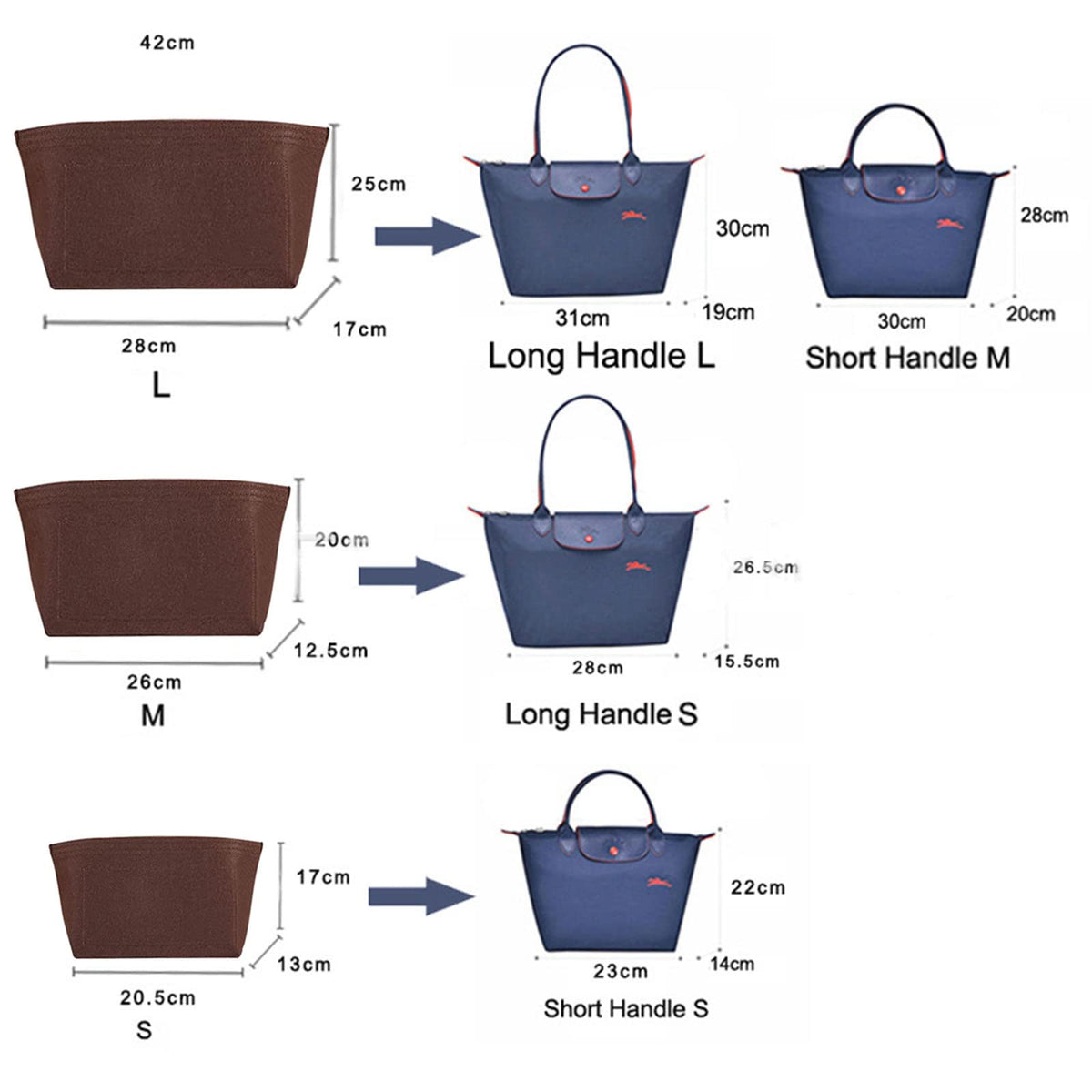 Lckaey tote bag organizer insert for Longchamp le pliage large tote insert felt purse zipper bag organizer 1028pink-S