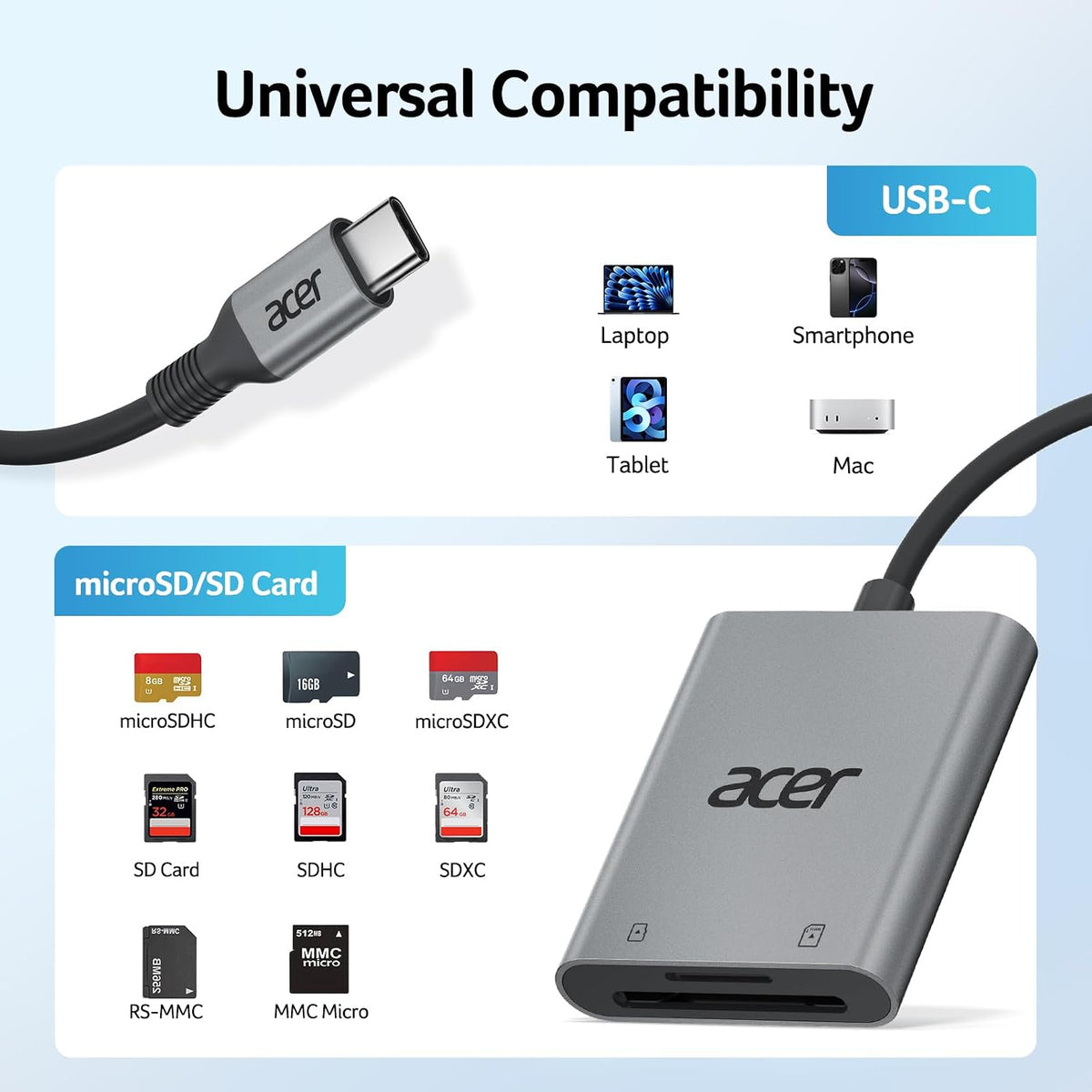 acer USB-C SD Card Reader 170MB/s, Type-C Micro SD Card Adapter Aluminium