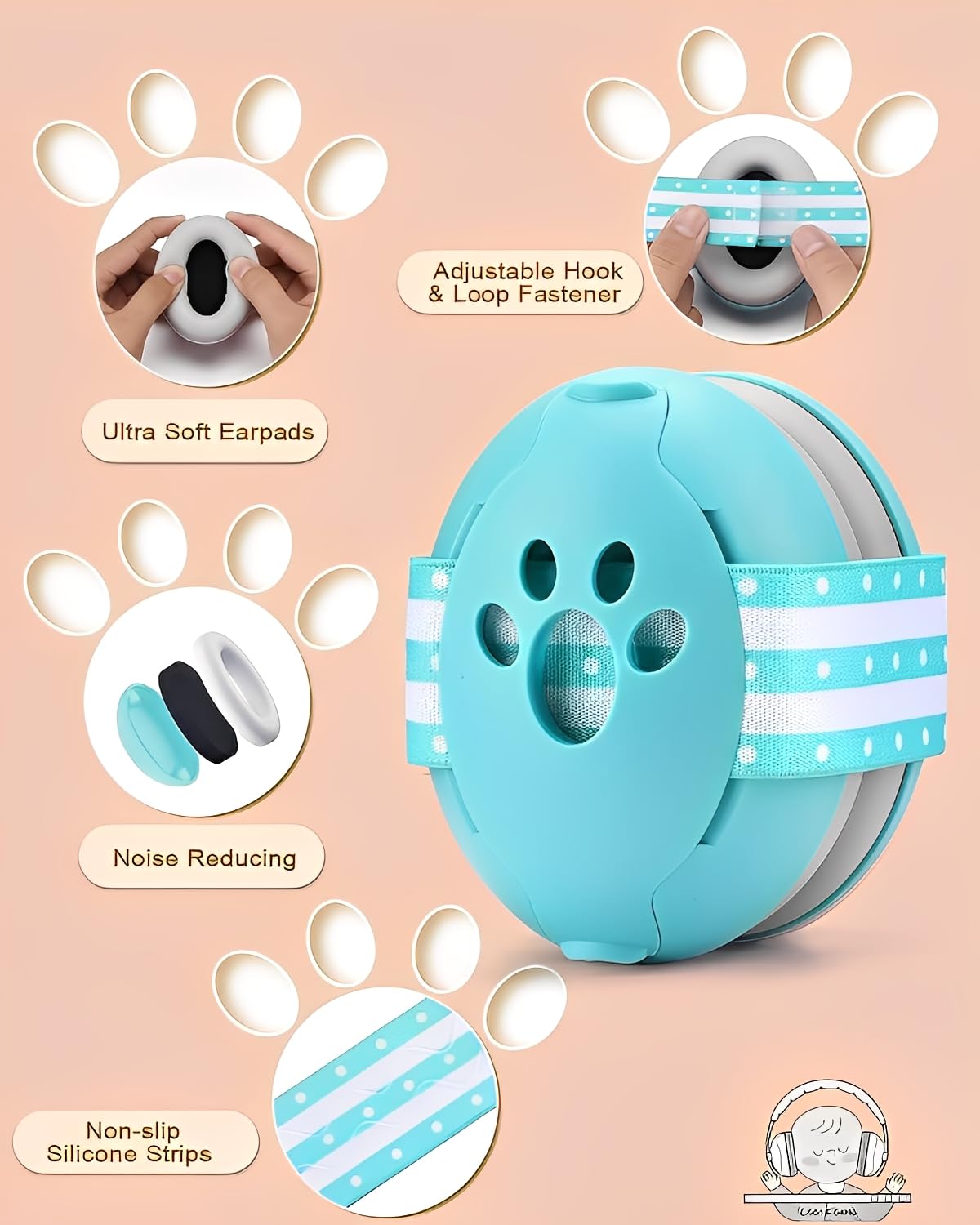 Baby Ear Defenders for 0-36 Months, Soft Adjustable with Noise‑Reduction
