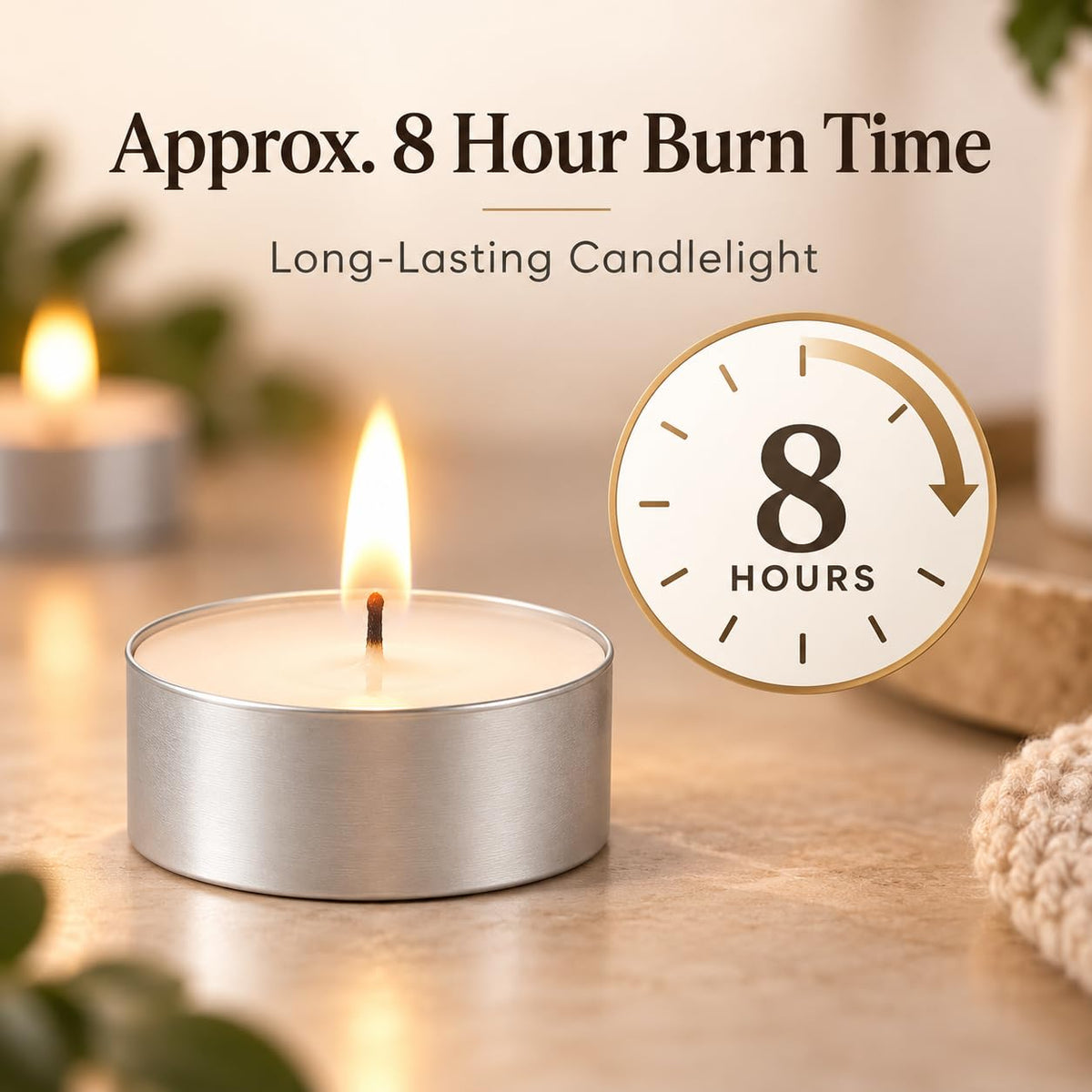 Unscented 8-Hour Tea Light Candles, 50 Pack, Cotton Wicks