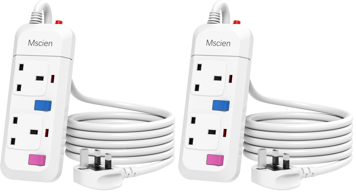 Mscien Extension Lead 2 Way Plug Sockets with Individual Switches Overload Protected Power Strip Wall Mountable 1.5M Extension Cable