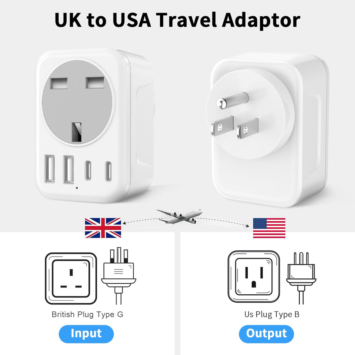 UK To European Plug Adapter,5 IN 1 European Travel Adaptor with 2 USB C & 2 USB A,Grounded EU Plug Adapter for Germany Spain France Turkey Greece etc (Type E/F)