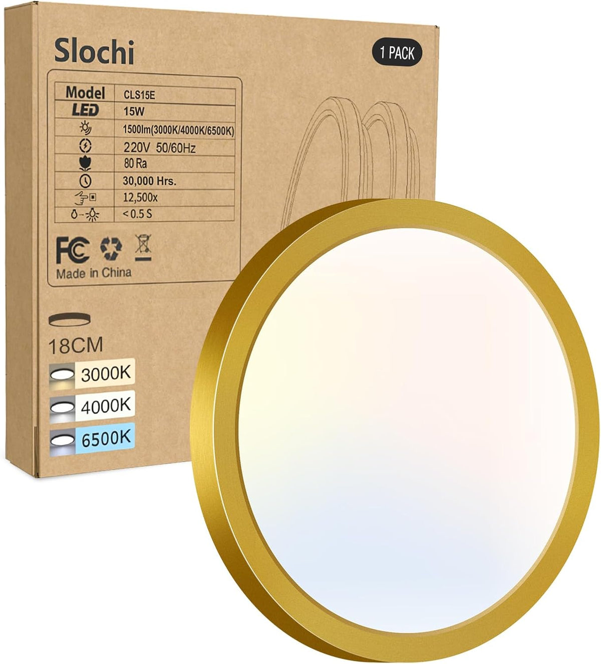 slochi Bathroom Light, 3000K/4000K/6500K 3 Color Temperature, Waterproof, Round, Modern, Flush Ceiling Light for Bathroom, Kitchen, Bedroom, Hallway and MoreØ18CM(Gold)