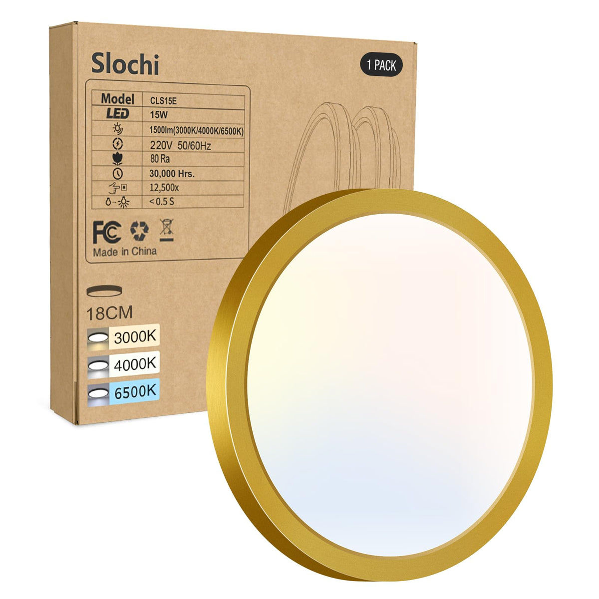 slochi Bathroom Light, 3000K/4000K/6500K 3 Color Temperature, Waterproof, Round, Modern, Flush Ceiling Light for Bathroom, Kitchen, Bedroom, Hallway and MoreØ18CM(Gold)
