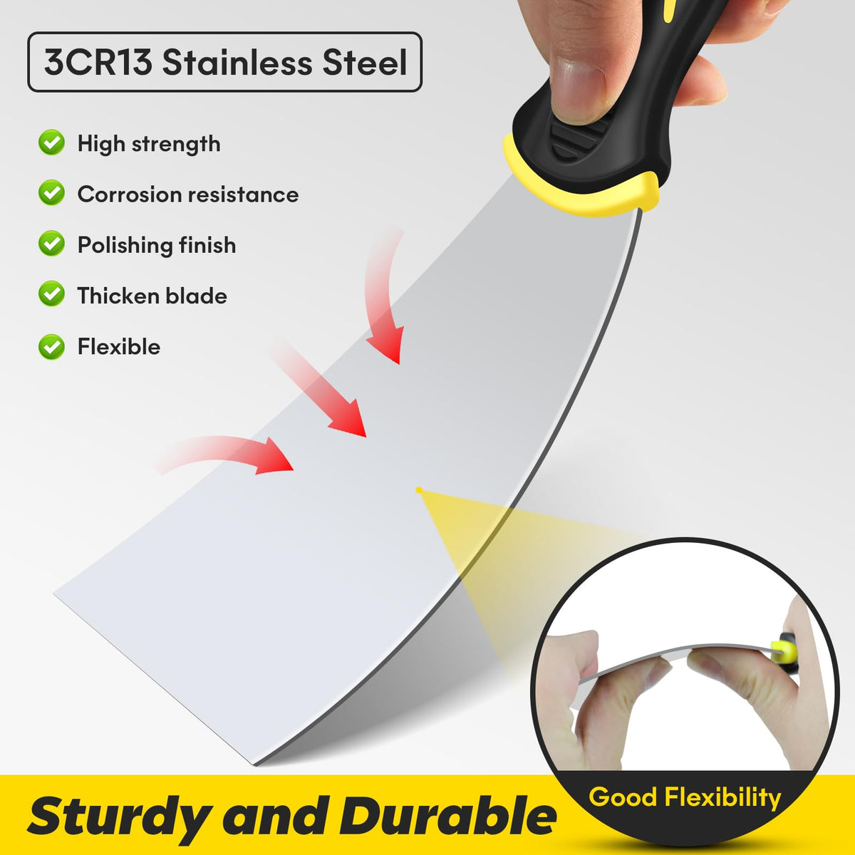 suokoun Wallpaper Scraper Set, 7 Pieces Stainless Steel Drywall Hand Tool Kit Includes Taping Putty Tool and 12" Mud Pan with Soft Grip Handle for Drywall Work