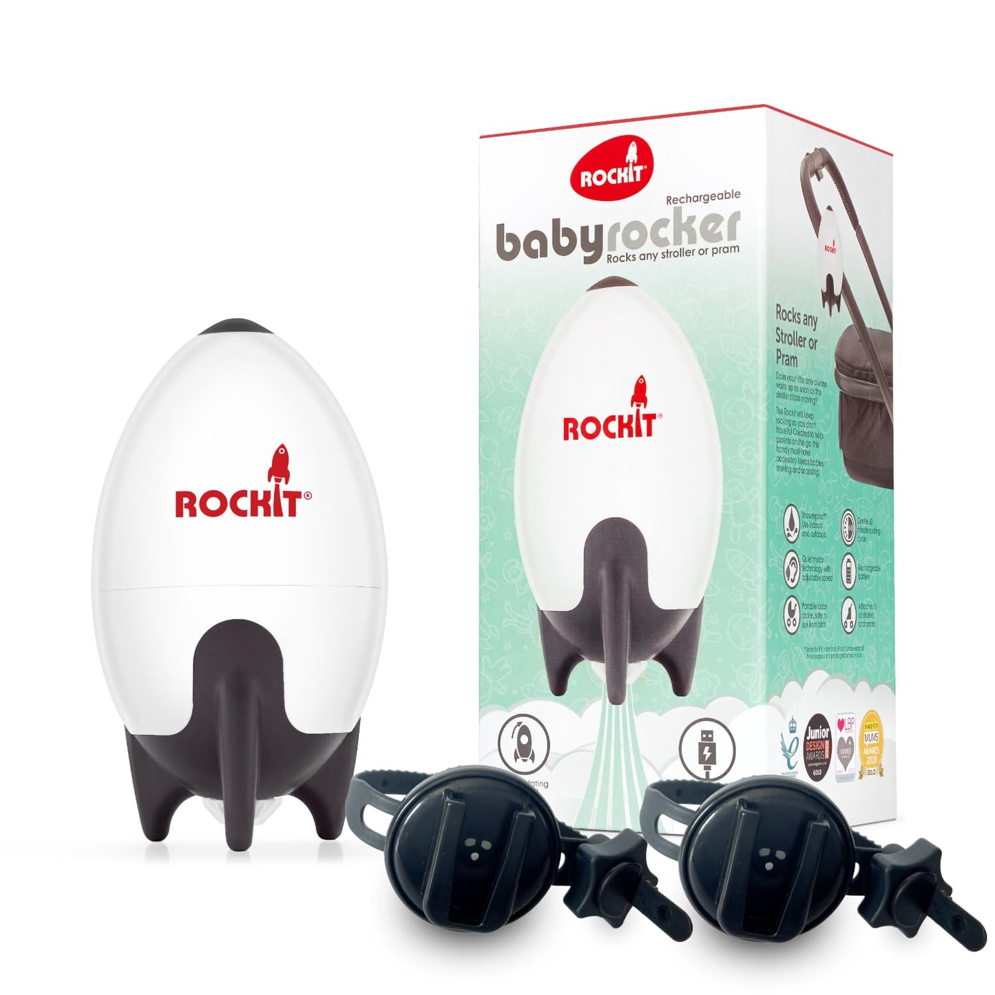Rockit Rocker Rechargeable Pram Rocker - Baby Pushchair Rocking Device, Soothing Motion for Stroller or Buggy, Adjustable Speed, 60 Minute Timer, Universal Fit