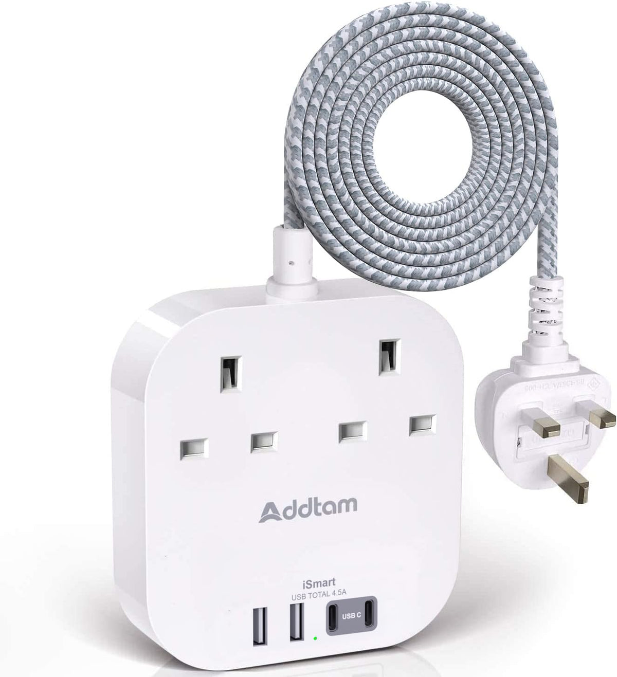 Addtam 3M Extension Lead with USB Slots, Power Strips with 2AC Outlets 4USB