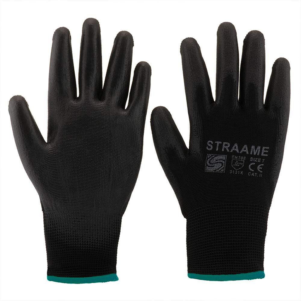 Straame Black Work Gloves, 12 Pairs, PU Coated Nylon, Non-Slip Grip, Size S