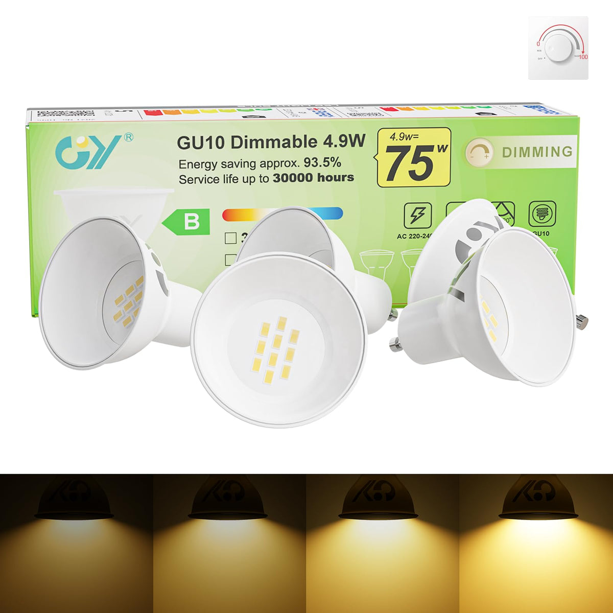 GY GU10 LED Bulb 4.9W 790lm Cool White 6500K Energy Saving LED Bulb, The New UK Energy Efficiency Class B Replaces 80W, 110°Beam Angle Non-Dimmable, 10 Pack