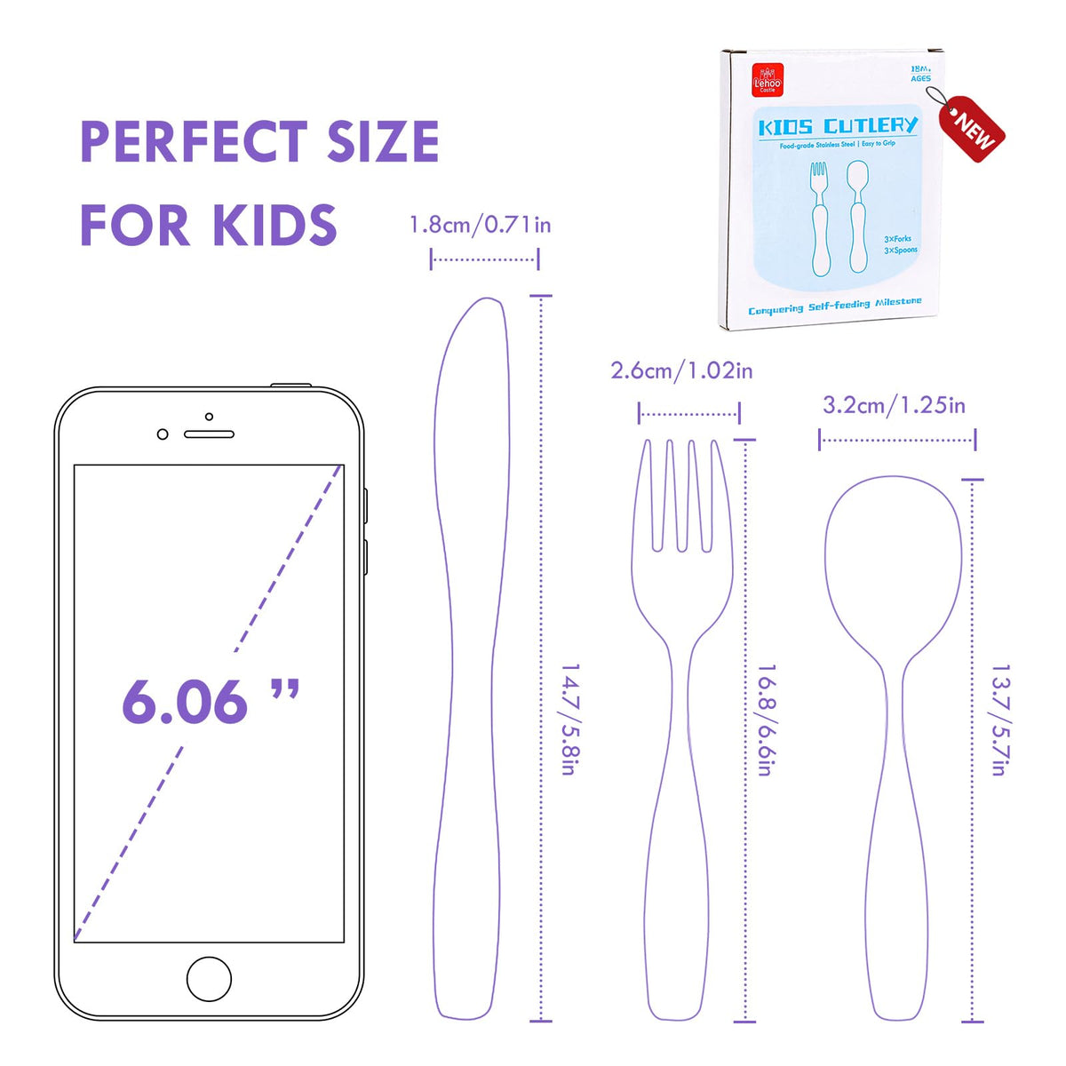 Lehoo Castle Stainless Steel Toddler Cutlery Set, 6-Piece Dinosaur Design