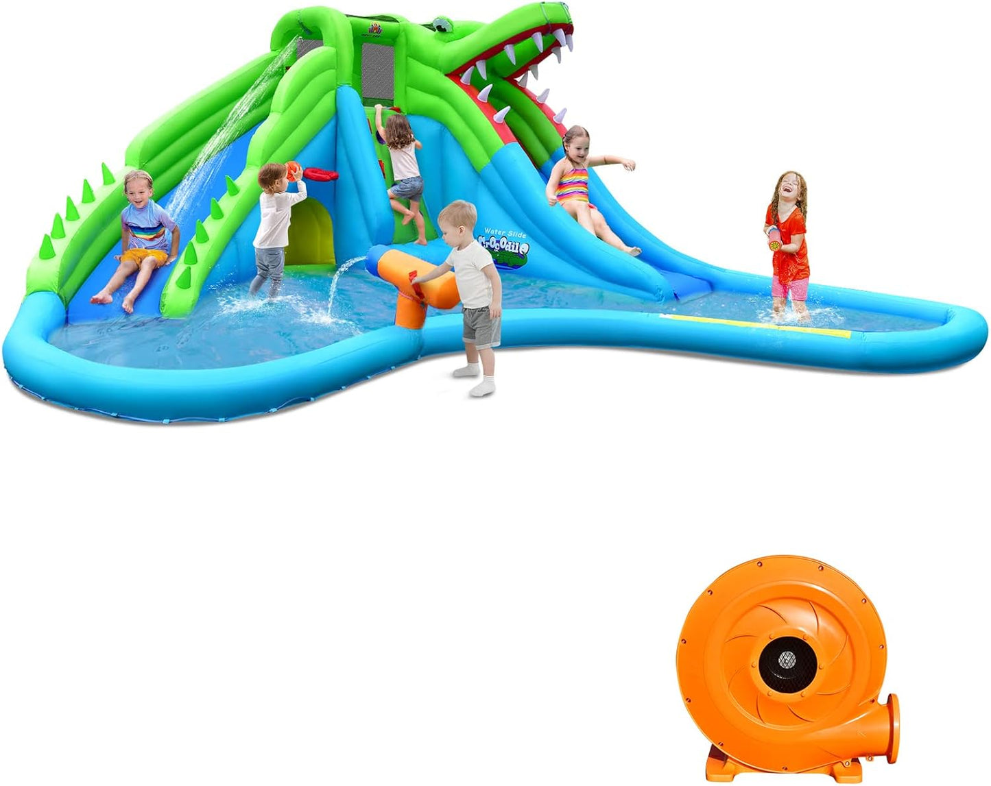 COSTWAY Giant Inflatable Water Park with Dual Slides, Climbing Wall & Pool — 558x504cm | Ages 3-12