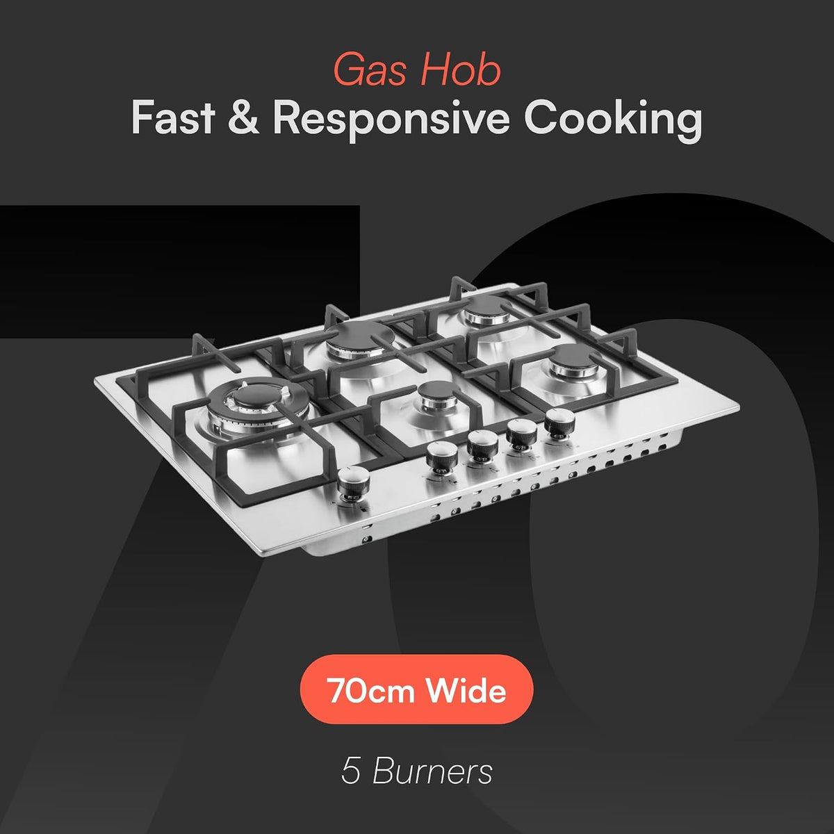 Cookology 70cm 5-Burner Gas Hob - Wok Burner - Stainless Steel