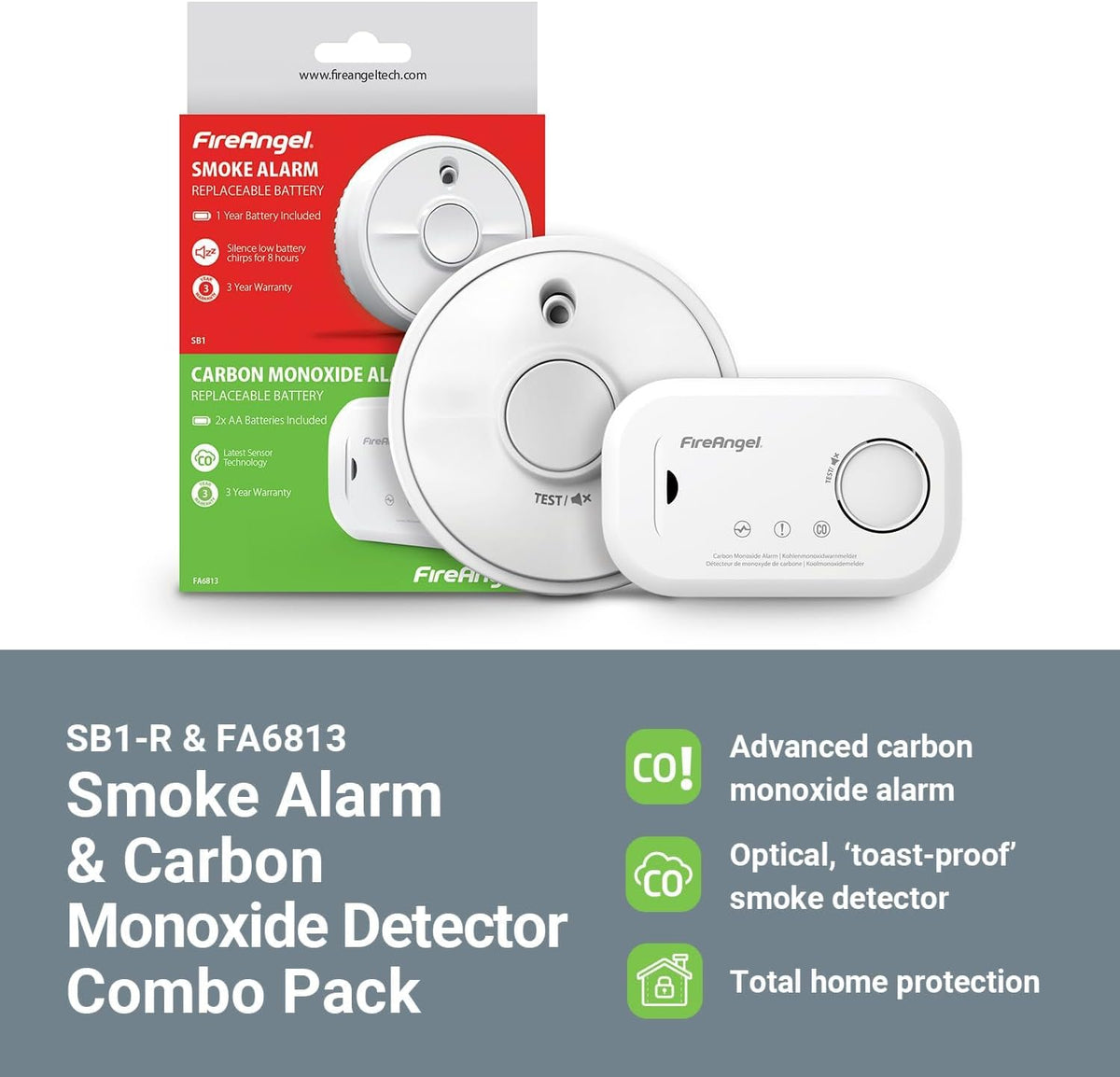FireAngel SB1-R Smoke Alarm and FA6813 Carbon Monoxide Detector Set