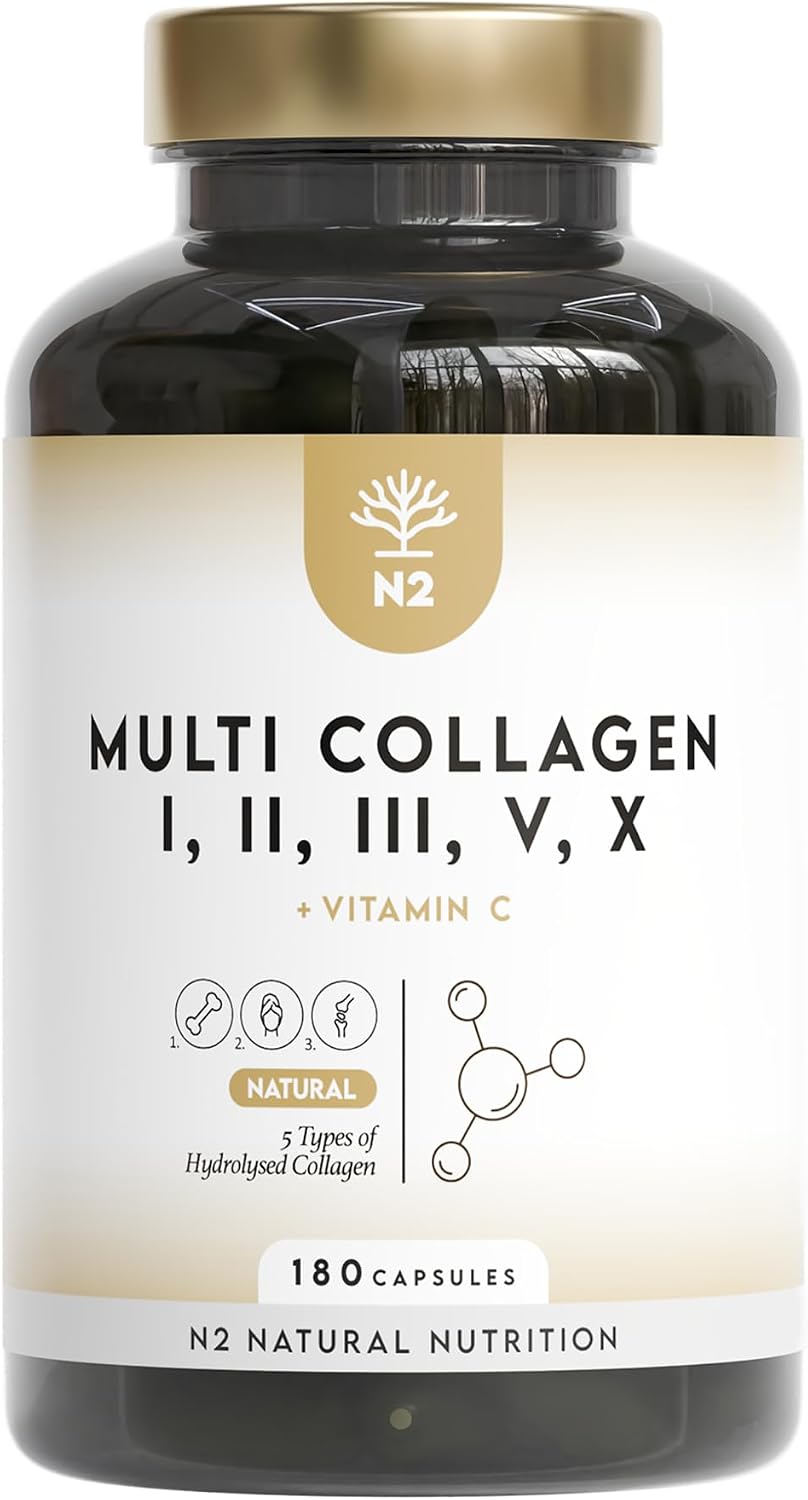 Multi Collagen 1650mg Type I, II, III, V, X. Bovine & Marine Collagen Peptides. 180 Capsules Enhanced with Vitamin C. High Strength Collagen for Joints, Hair and Skincare. N2 Natural Nutrition