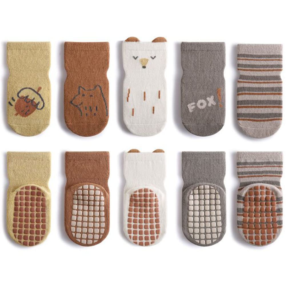 FedMois 5 Pairs Baby Kids Anti-slip Socks Cotton non skid Ankle Socks Animals