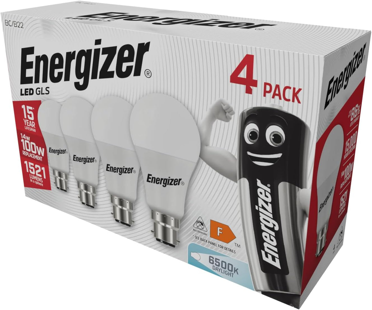 Energizer B22 Bayonet Light Bulbs, 1521lm, Daylight White 6500K, 4 Pack