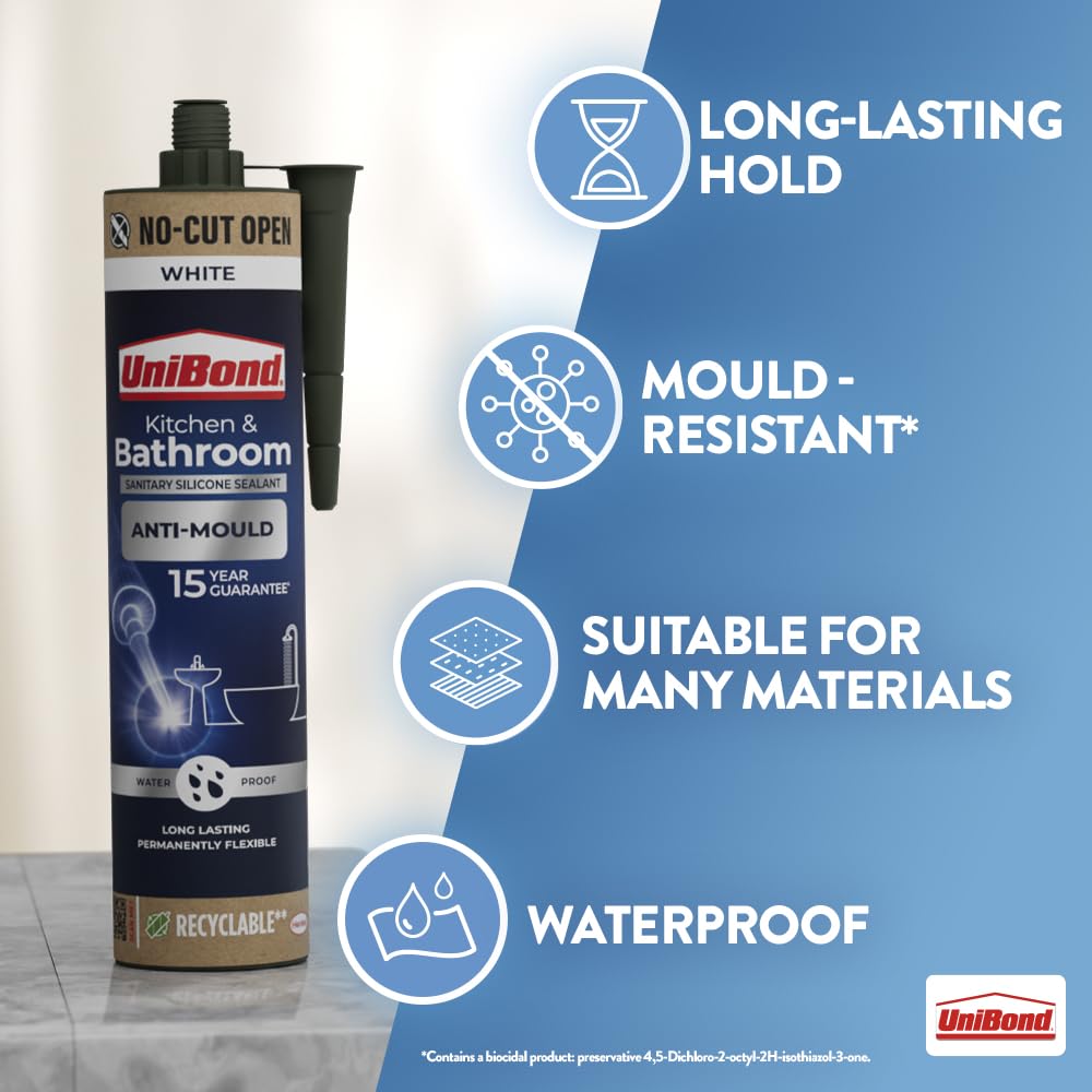 UniBond Kitchen & Bathroom Mould-Resistant White Sealant, 1 x 280 ml