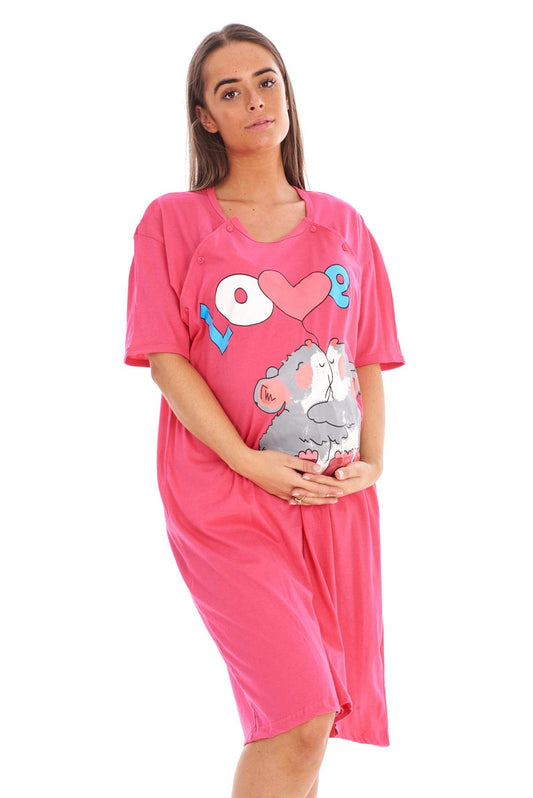 Malay Ladies Maternity Nursing Nightdress — 100% Cotton, Motif Print, Breastfeeding Buttons | Sizes M–2XL