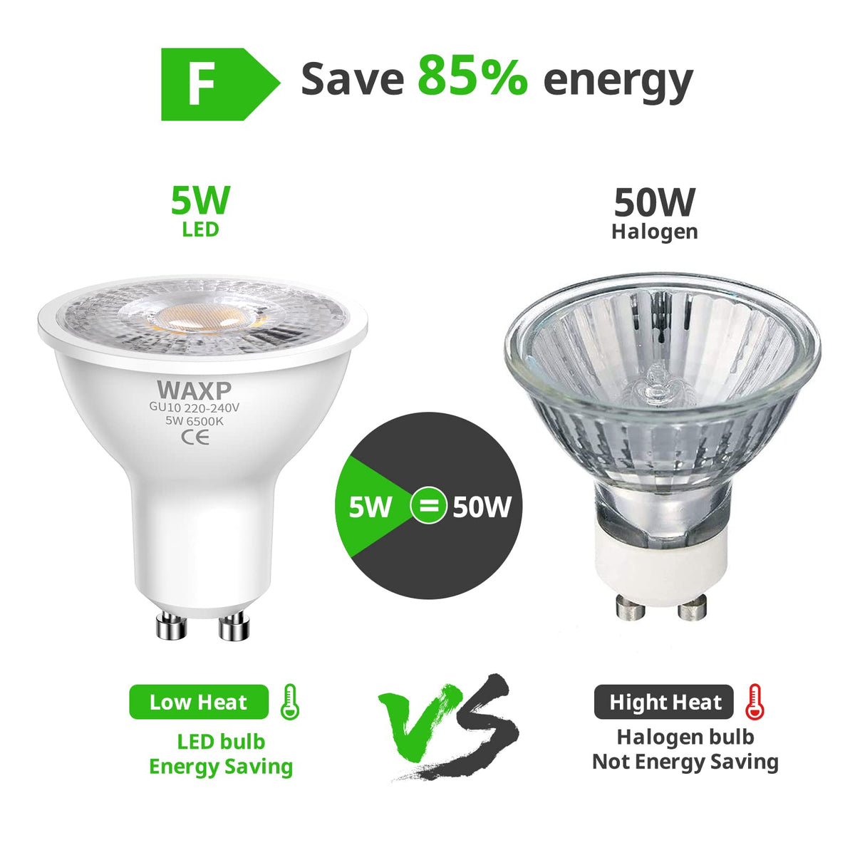GU10 LED Spot Light Bulbs Warm White 5W, 3000K, 365lm, No Flickering, Energy Saving Light Bulbs, Equivalent 40-50W GU10 Halogen Spotlight Bulbs, Non-Dimmable, 10 Pack