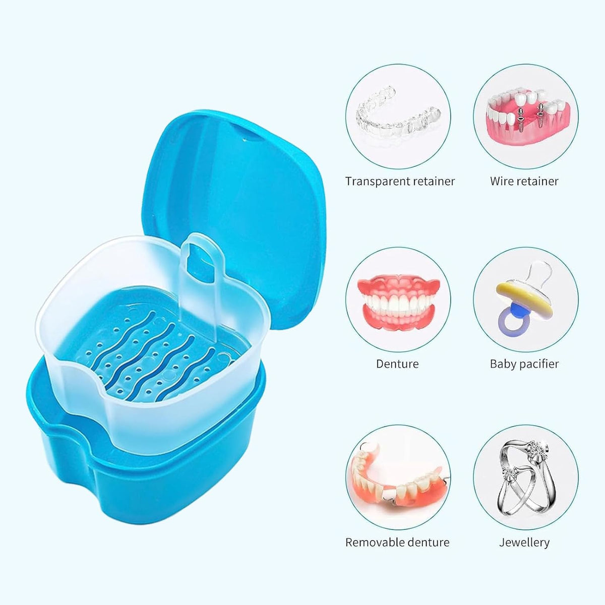 chenqi Retainer Cup Holder Mouthguard Cleaning Case with Strainer Basket, Denture Bath Box Storage Cup Holder for Travel Cleaning
