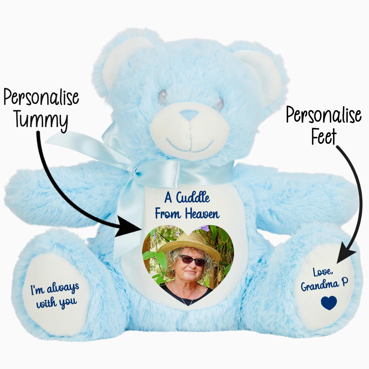 Personalised Memory Teddy Bear with Heart-Shaped Photo – “A Cuddle From Heaven” Keepsake Gift – 28 Bear Styles – Add Your Text & Choose Colour – Custom Memorial Bear (White Angel Teddy)