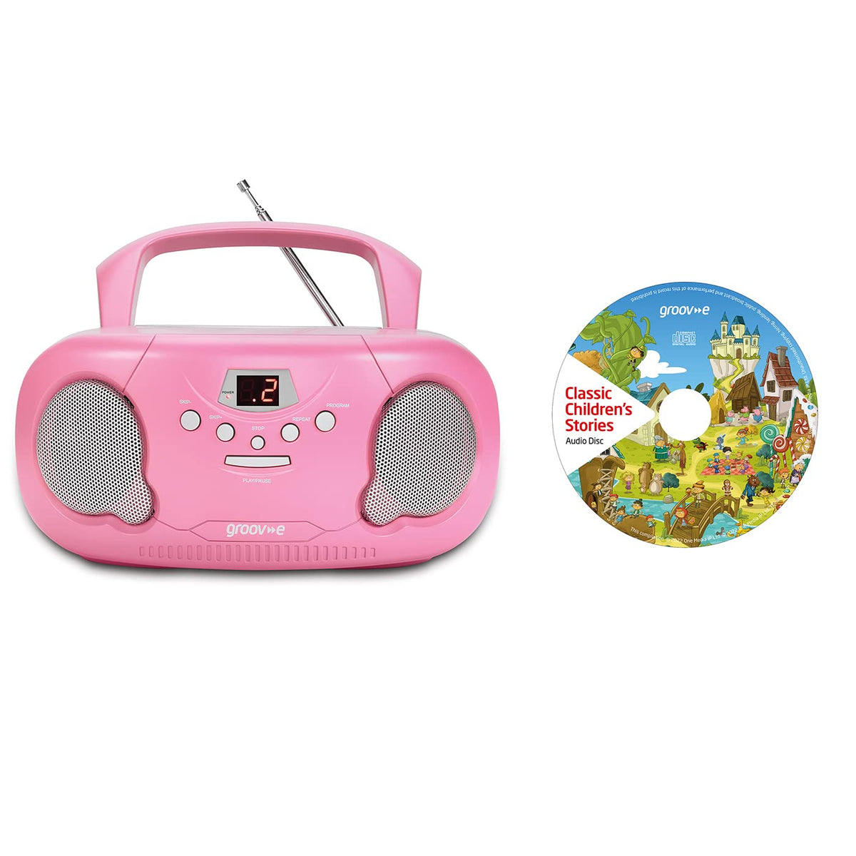 Groov-e Original Boombox - Portable CD Player with Bluetooth, Radio, 3.5mm Aux Port, & Headphone Socket - LED Display, 2 x 1.2W Speakers - Battery or Mains Powered - Black