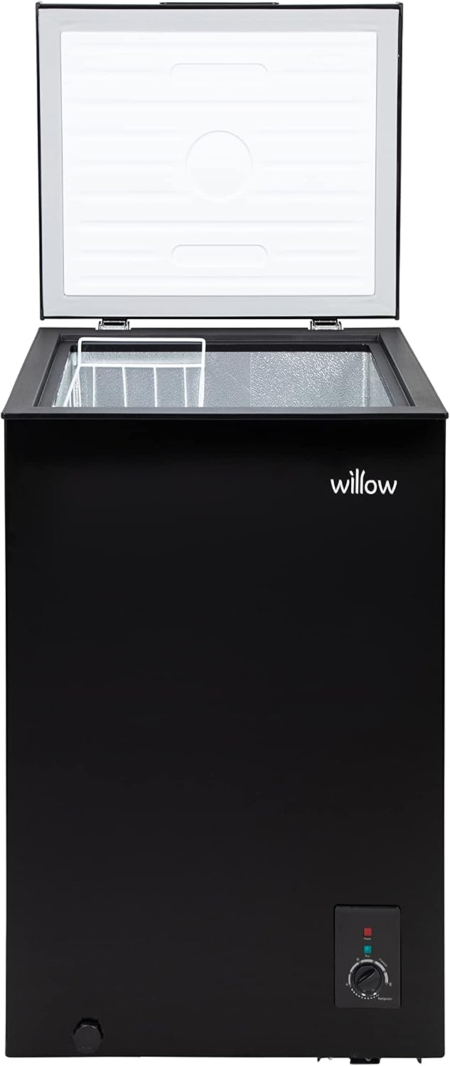 Willow W99CFB Freestanding 99L Chest Freezer with Removable Storage Basket, Suitable for Outbuildings and Garages, 4* Freezer Rating - Black