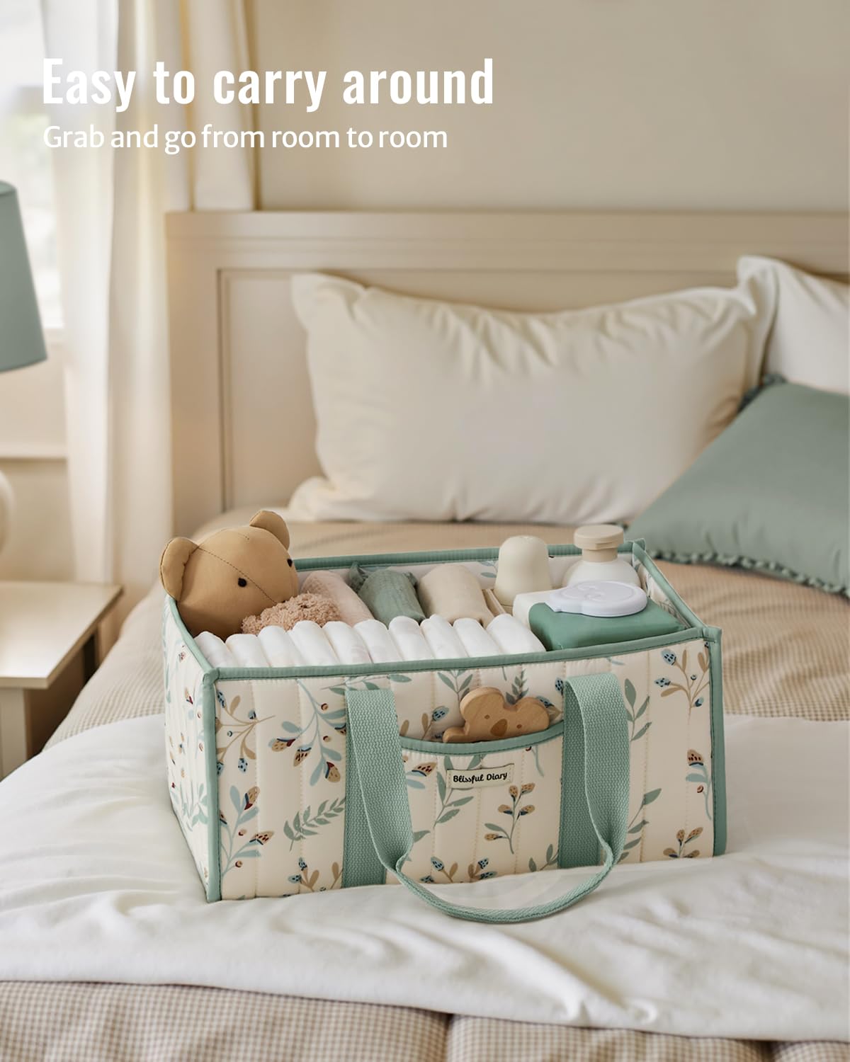 Blissful Diary Nappy Caddy Organiser, Baby Diaper Caddy for Nappy Station, Stylish Storage Basket for Newborn Essentials, Baby Shower Gifts for Girl or Boy, Woodland Cream