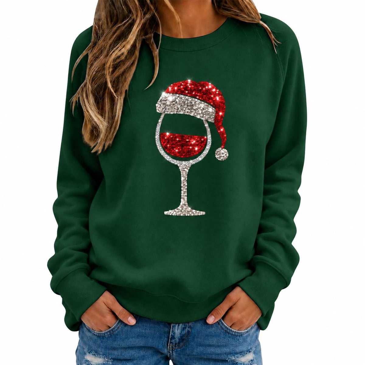 Christmas Jumpers Women Wine Graphic Sequin Sweatshirts Ladies Xmas Tops