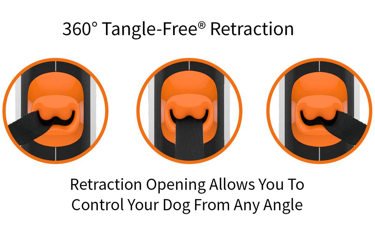 TUG 360° Tangle-Free Retractable Dog Lead for Up to 25 kg Dogs | 5 m Strong Nylon Tape | One-Handed Brake, Pause, Lock (Medium, White/Orange)