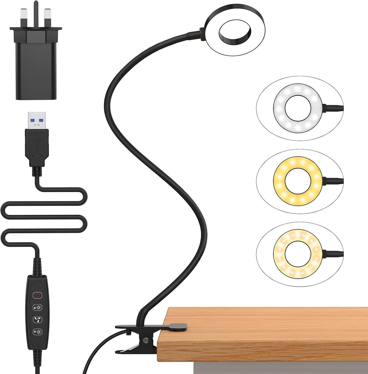 iZELL LED Desk Lamp -【3 Color Modes & 10 Brightness】 Eye Caring Clip on Clamp Light with 70cm Flexible Arm, Book Ring Light with Plug for Home Office, Kids, Reading, Clip on Table, Headboard