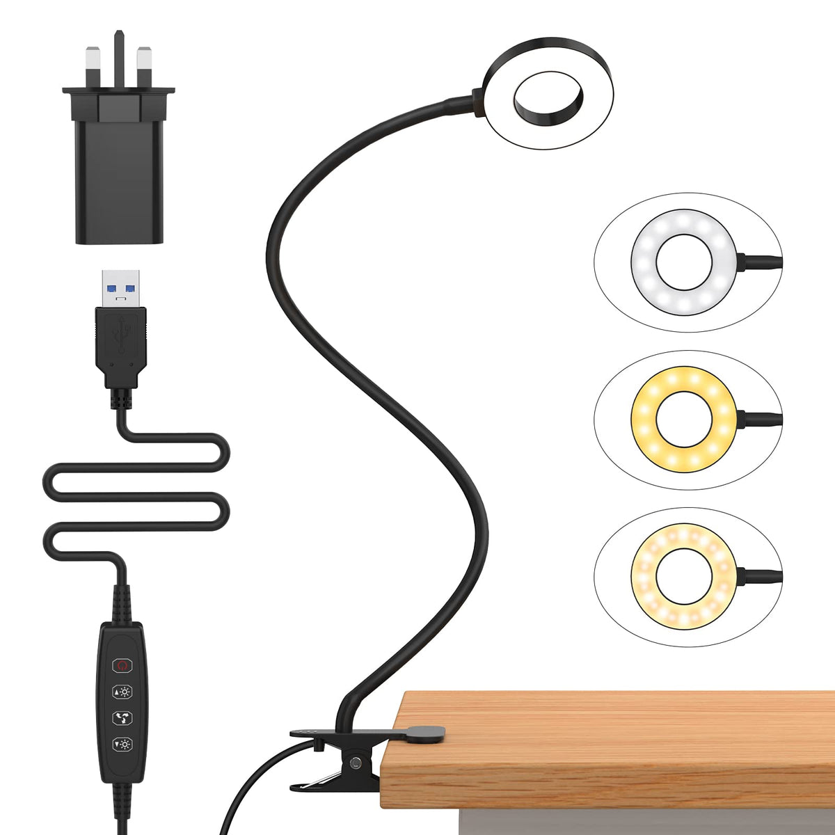 iZELL LED Desk Lamp -【3 Color Modes & 10 Brightness】 Eye Caring Clip on Clamp Light with 70cm Flexible Arm, Book Ring Light with Plug for Home Office, Kids, Reading, Clip on Table, Headboard
