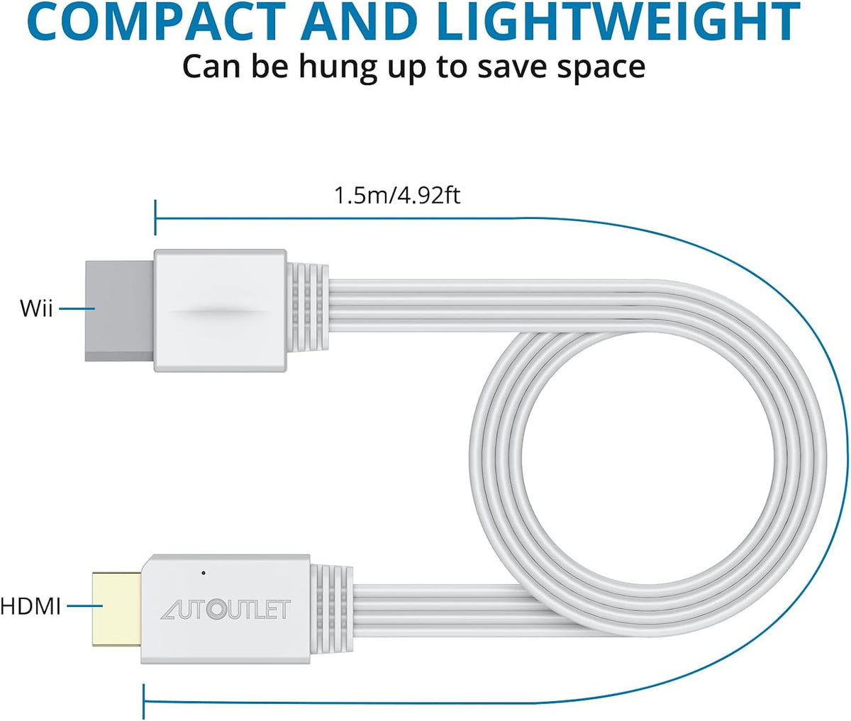 AUTOUTLET Wii to HDMI Converter 1080P 5ft/150 cm for Full HD Device, Adapter with HDMI Male Cable Output Compatible with Nintendo Wii, Wii U, HDTV, Monitor-Supports All Wii Display Modes